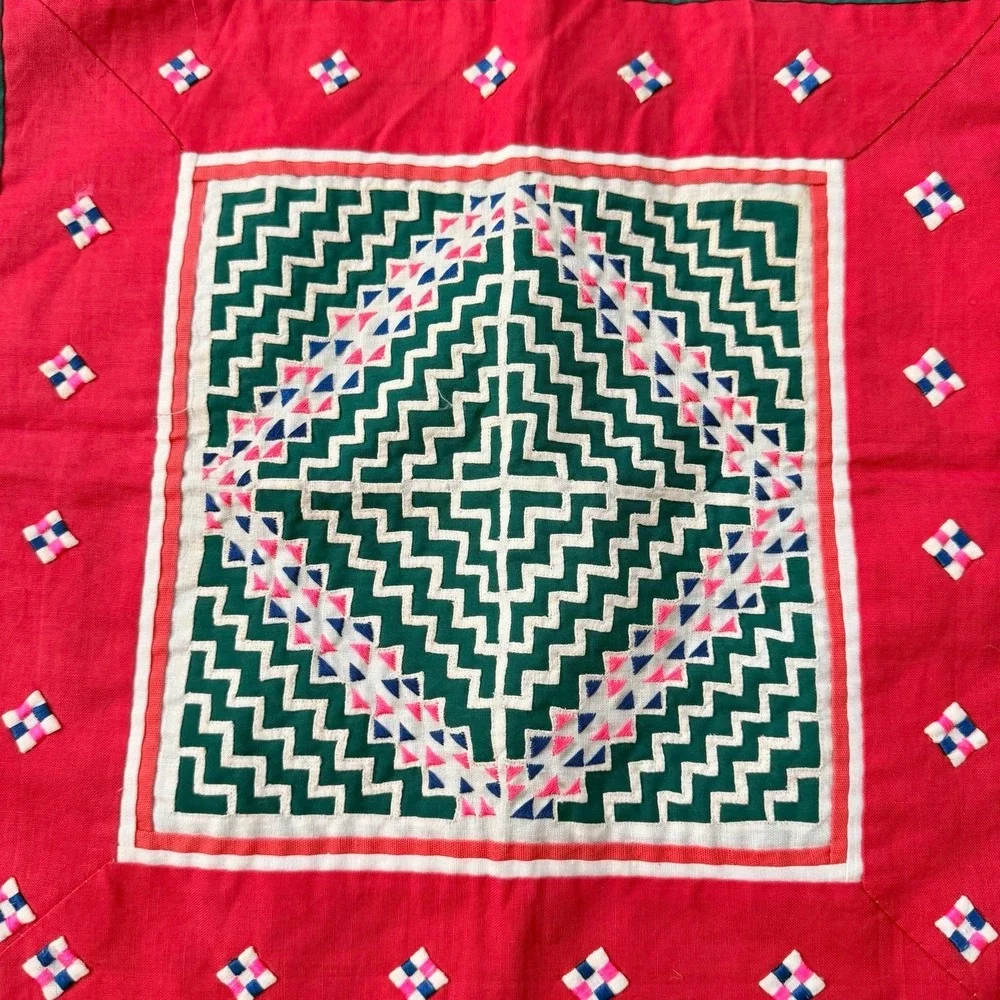 Vintage Hmong? Asian Embroidered Handmade Folk Wall Art Quilt Block Pillow 18
